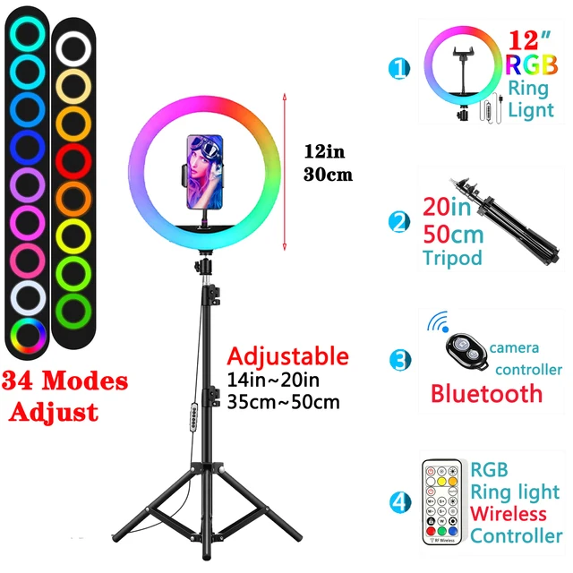 12in 30cm Selfie Ring Light RGB Tripod Phone Stand Holder Photography RingLight Circle Fill Light Led Color Lamp Trepied Makeup 12in RGB Type 4