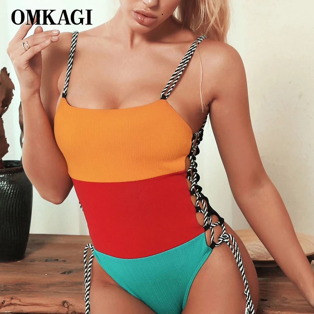 Купальники OMKAGI Женский цельный купальник лоскутный женский купальный костюм для