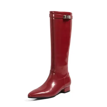 

Classic Design Knee High Boots For Women Side Zipper Pointed Toe low square heels Shoes Woman Party Basic Slim Long boots