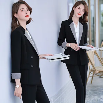 

Slim Temperament Blazer Suits Women Spring New Office Ladies Blazer Suit Double Breasted Notched Patchwork Belt Business Outfits