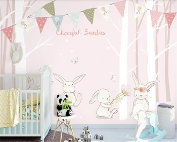 

beibehang Customized modern fashion 3D wallpaper hand-painted cartoon forest cute white rabbit children background wallpaper