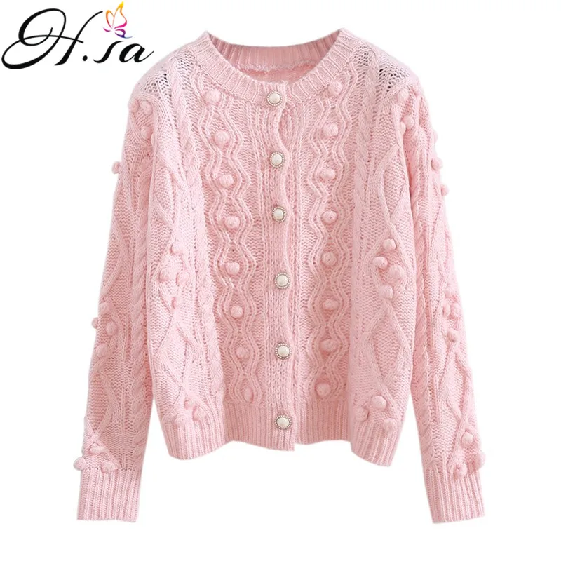 

H.SA 2019 Women White Pink Sweater Cardigans Pearl Button Twisted Ball Chic Sweater Jackets Ladies Elegant Jacket Knit Coat