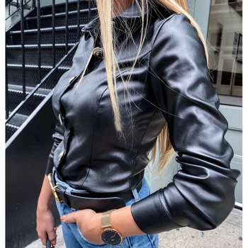 

Long Sleeve Turn Down Collar PU Leather Shirts Women Fashion Long Sleeve Black Fake Leather Shirts Tops PU Shirt Top