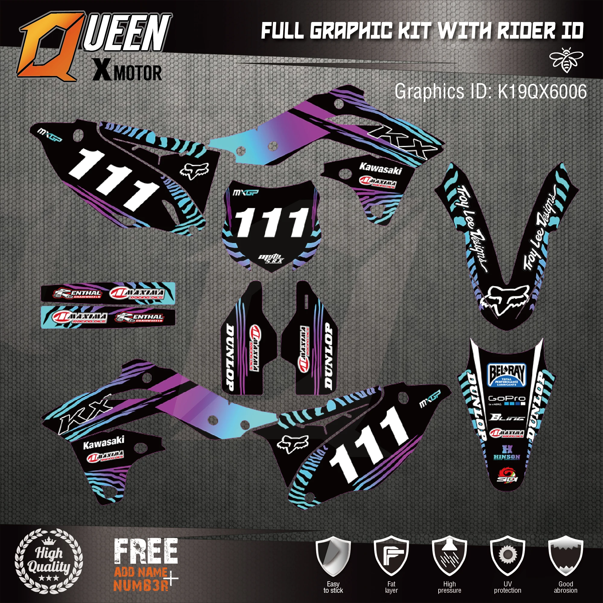 

Queen-X Custom Team Graphics Backgrounds Decals 3M Stickers Kit For Kawasaki KX250F 2013-2016 006