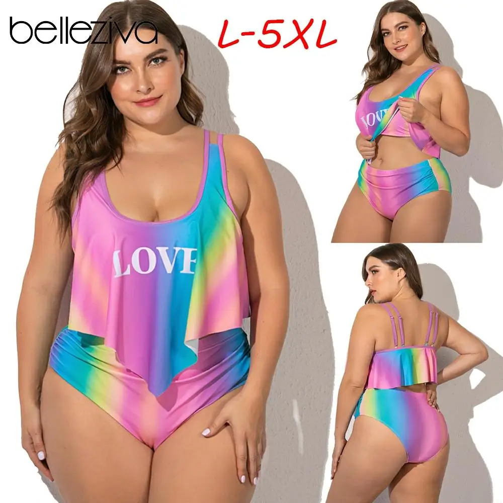 

Belleziva Plus Size Bikini Swimsuit For Women High Waisted Swimsuit Tummy Control Two Piece Tankini Suits Rainbow Gradient Print