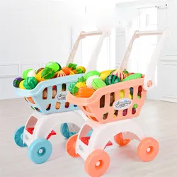 28Pcs/set Kids Large Supermarket Shopping Cart Trolley Push Car Toys Basket Simulation Fruit Food Pretend Play House Girls Toy