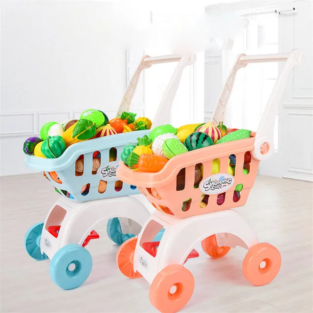 28Pcs/set Kids Large Supermarket Shopping Cart Trolley Push Car Toys Basket Simulation Fruit Food Pretend Play House Girls Toy 1