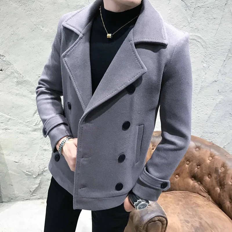Корейский зимний мужской модный Тренч с отложным воротником, сплошной цвет, Двубортный повседневный мужской шерстяной Тренч