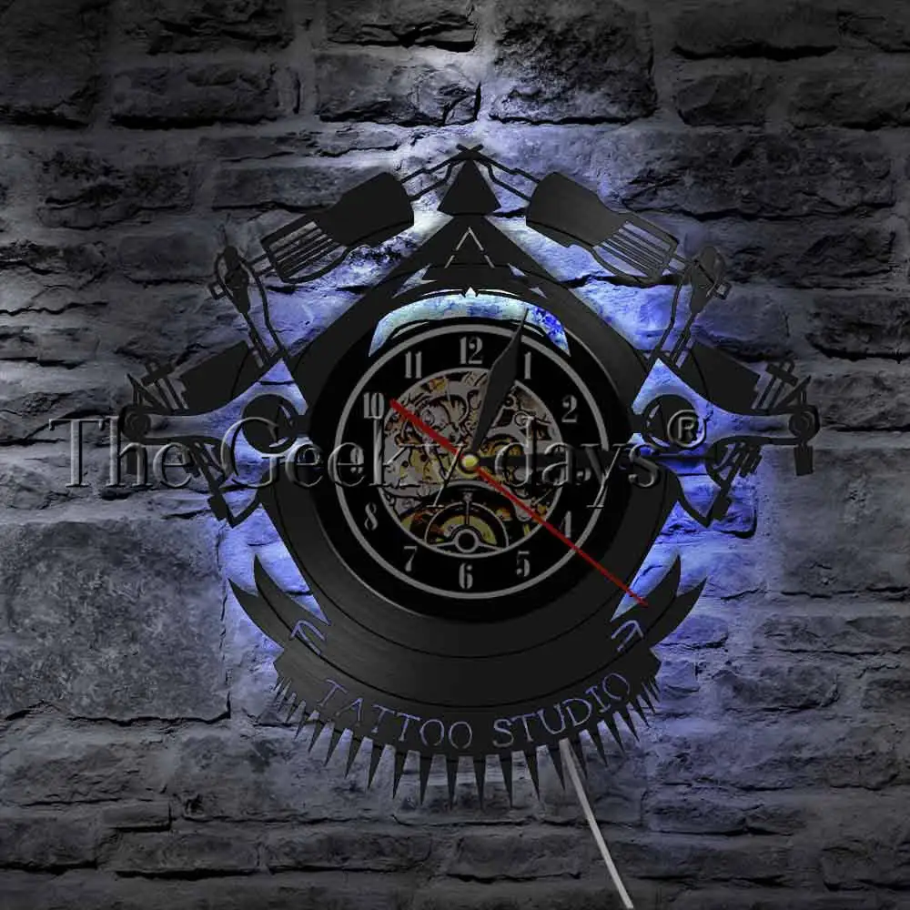 Винтажные Пользовательские татуировки виниловые пластинки настенные часы персонализированные татуировки студия магазин татуировки машина кварцевые светодиодный настенные освещенные часы