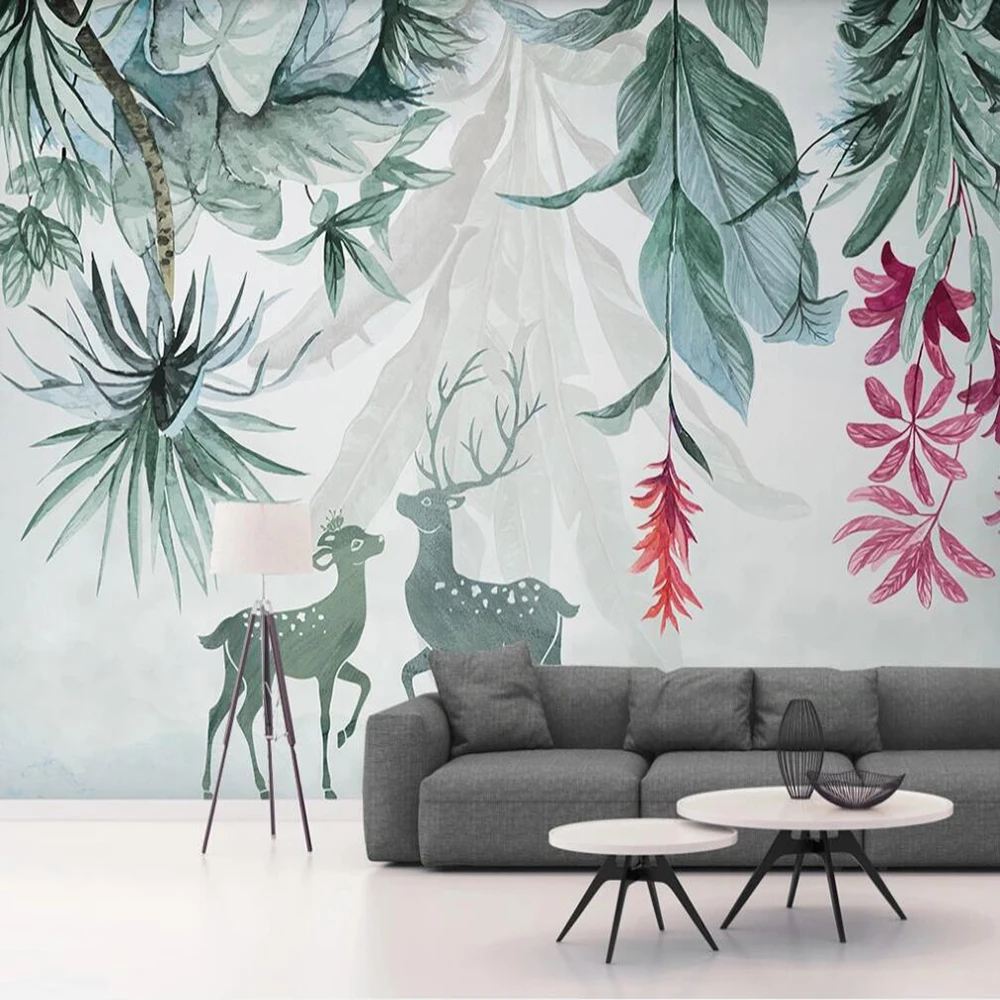 Milofi custom 3D wallpaper mural Nordic ins green tropical plant banana leaf elk background wall decoration painting | Обустройство