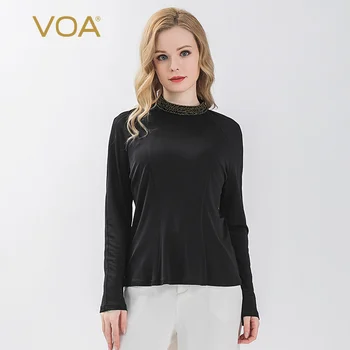 

Voa Silk Knitting 33mm Half-collar Long Sleeves Agaric Wrinkle Pearl Buttons Linearly Separable T-shirt B9355 Befree Tshirt