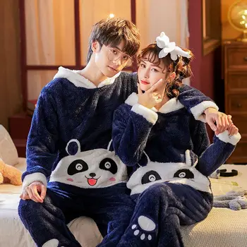 

Flannel Couple Pajamas Set Autumn And Winte Warm Women And Men Pyjamas Long Sleeve Sleepwear Men Lounge Pijama Pink/Blue