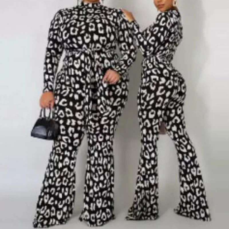 

Sexy Cheetah Print Velvet Jumpsuits Slim Fit Wide Leg Pants with Belts Casual Overalls for Women 2020 Fall Clothing Fashion 2XL