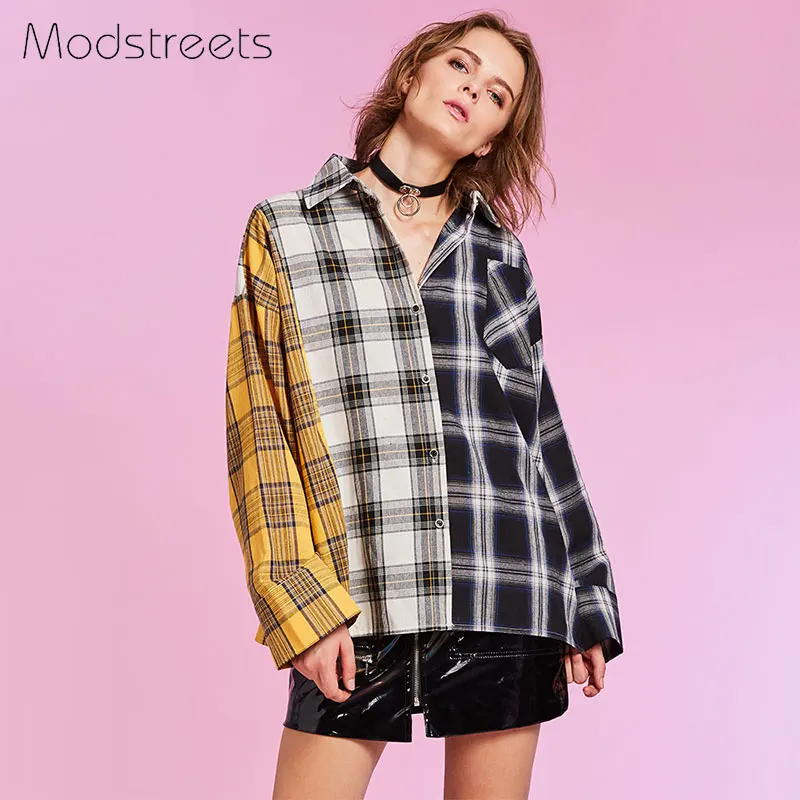 Kopen Vrouwen Shirt Oversize Katoen Plaid Blouse Casual Korea Splice Top Motorfiets Hip Hop Streetwear Patchwork Jas 2020 Lente Tops