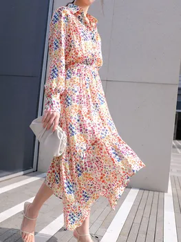 

Women High Waist Irregular Skirt Colorful Printing Spring Summer Soft Midi Skirts