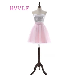 Pink Homecoming Dresses A-line Sweetheart Short Mini Tulle Squins Bow Cocktail Dresses