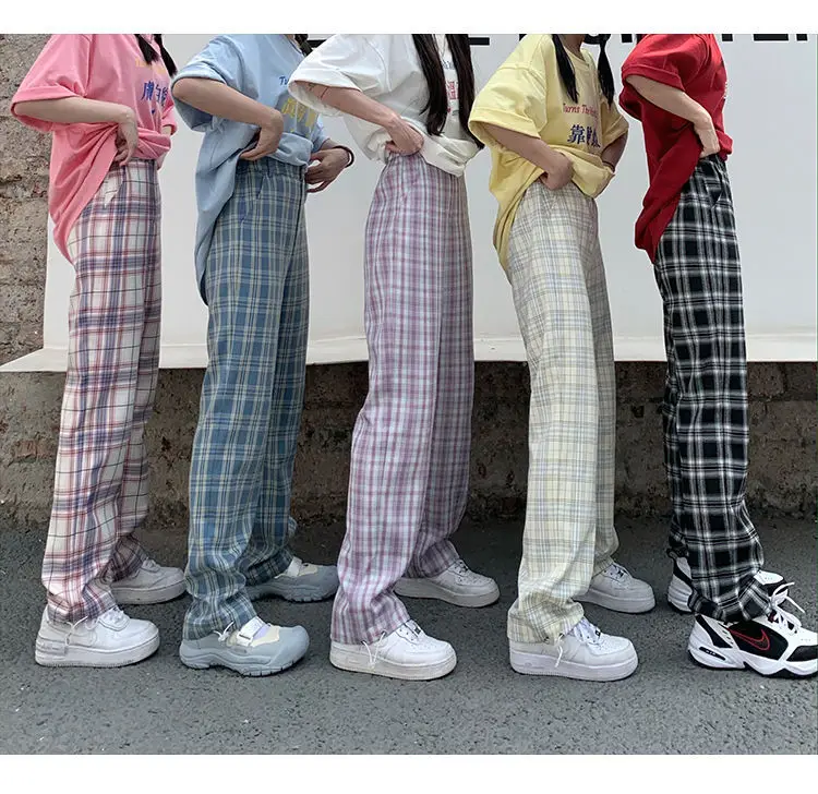 

Blue White Women Plaid Pants Casual Oversize Wide Leg Trouser 2022 Retro Loose Teens Harajuku Hip-hop All-match Streetwear