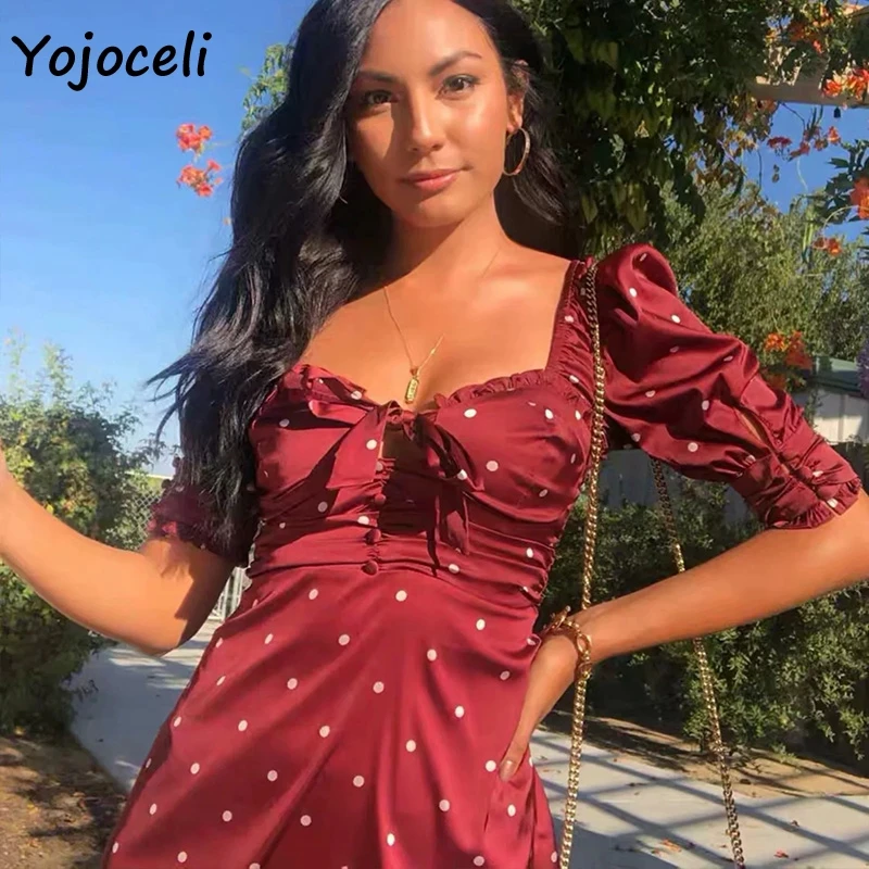 Yojoceli/платье с квадратным вырезом и бантом в горошек; женские вечерние мини-платья с пышными рукавами для клуба; vestidos