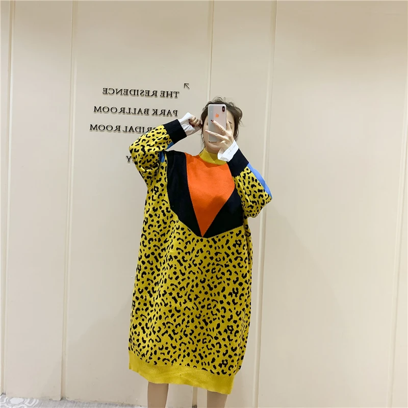 Autumn Winter Large and Long Knitted Dress with Round Neck and Leopard Pattern Pullover for Women Plus Size Women Sweater