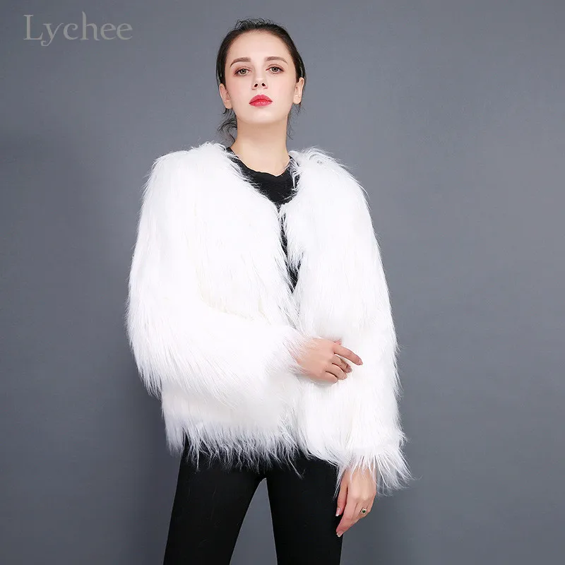 white Qlychee/уличная зимняя женская куртка из искусственного меха, верхняя одежда, Теплый Женский однотонный жакет из искусственного меха, Женская куртка с круглым вырезом из искусственного меха - Цвет: white
