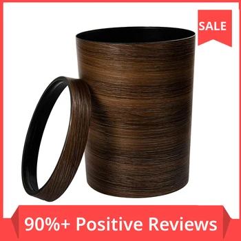 

HIPSTEEN Retro Style Pressing Ring Plastic Trash Can Household Office Mimetic Wood Grain Garbage Bin - Dark Brown