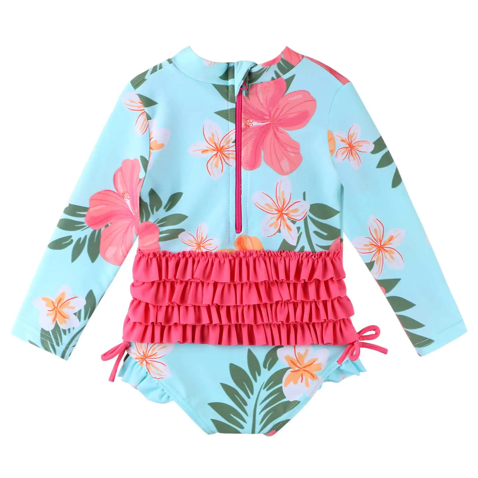 Cute Toddler Baby Girl Swimwear Long Sleeve UPF50+ Infant Bathing Suits Bright Ruffle Swimsuit