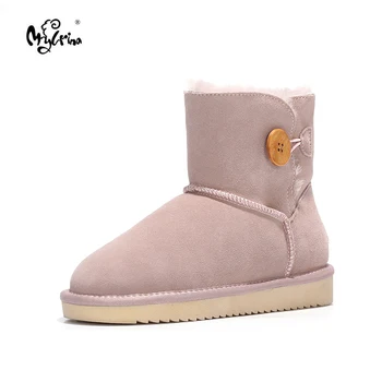

MYLRINA New Brand Genuine Leather 100% Wool Snow Boots for Women mini button ankle boots winter Shoes Free Shipping