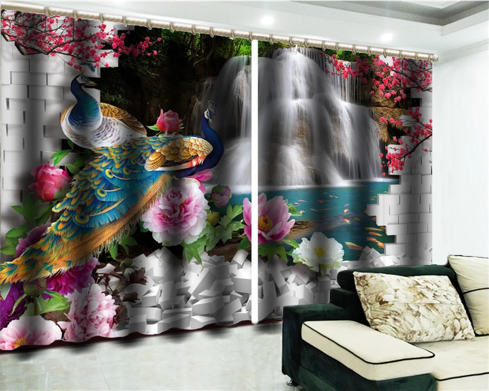 Занавеска и красивая красная слива водопад пара Павлин 3d шторы для животных