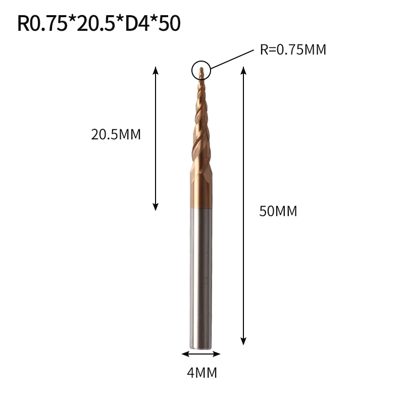 Augusttools Tapered cone Ball Nose End Mill HRC60 Cnc Taper Wood Metal Cutter Tungsten Solid Carbide Tapered Milling Cutter 4mm - Длина режущей кромки: R0.75X20.5XD4X50L