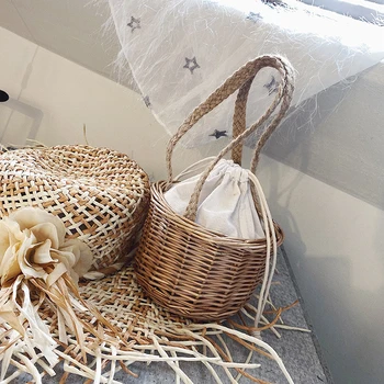 

Summer Rattan Women Handbag Beach Bucket Bag Woven Handmade Knitted Straw Small Bag Ins Chic Female Shoulder Bag Bohemia New