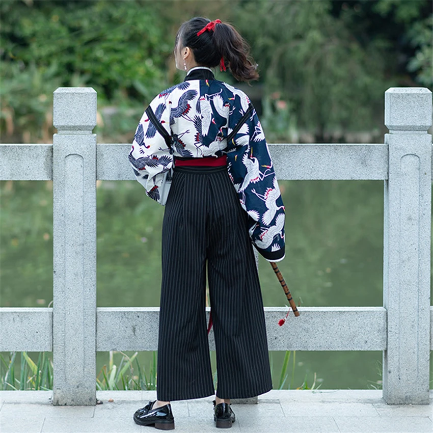 Kimono Traditional Japanese Samurai Costume Women Vintage Crane Print Top Pants Suit Yukata Haori Japan Cardigan Party Cosplay
