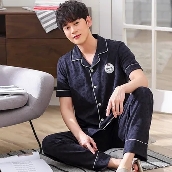 

Pajamas 2020 Men Summer Short-Sleeved Long Sleeve Pure Cotton Thin Korean-Style Teenager Casual Large Size Homewear Set Home Wea