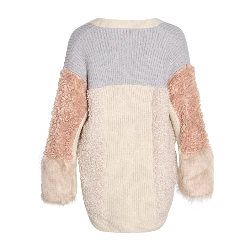 Hit Color Patchwork Women's Sweater V Neck Long Sleeve Single Breasted Thick Cardigans Elegant Female Sweaters