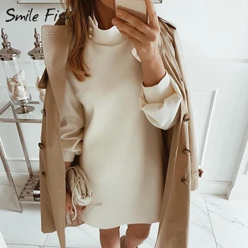 

Turtleneck Buttons Long Sleeve Women Pure Dress Office Lady Straight Mini Dress Elegant Party Fall Spring White Dresses G1114