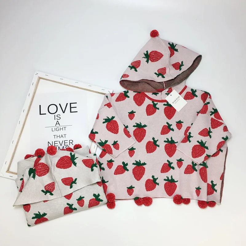 

Ha Dad Home Korean-style Girls Cute Strawberry Sweater Yarn Cloak Cute Baby Girls Knitted Cape Coat