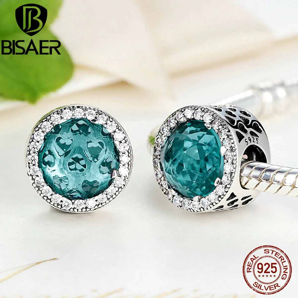 BISAER, 925 пробы, серебряные, зеленые, Сияющие сердца, ажурные амулеты, подходят для Панов, браслет, модное ювелирное изделие, HTC109