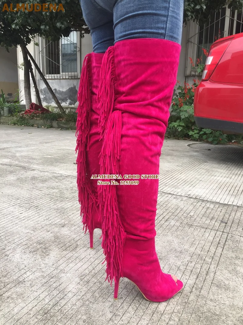 1909S1065 玫红色绒面鱼嘴过膝后流苏长靴 刘兴欢280 (10)
