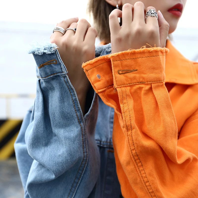 Spring 2020 New High Street Fashion Contrast Color Stitching Orange Hole Letter Denim Jacket Women Coat Roupas Feminina Chaqueta