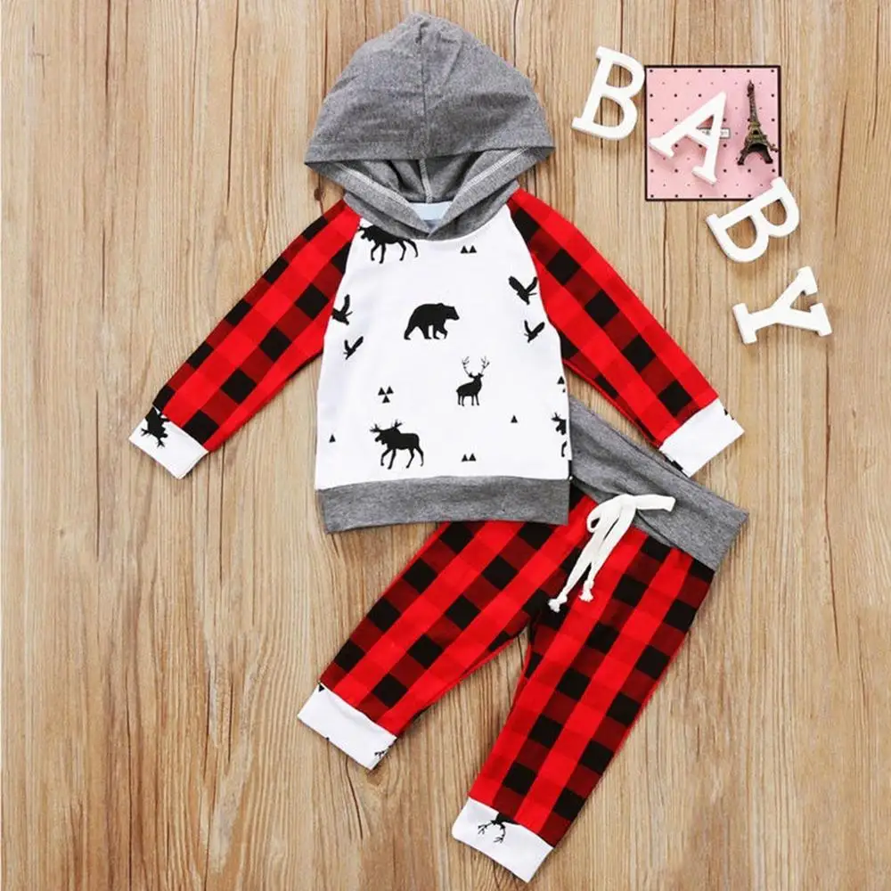 Одежда для маленьких мальчиков и девочек клетчатая рубашка с капюшоном для маленьких мальчиков и девочек Рождественские штаны с рисунком оленя Рождественский наряд A40