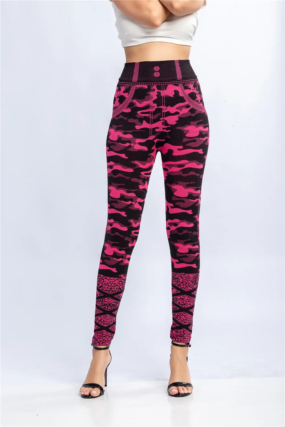2021 Women's Large High Waist Fake Jeans Fashion Camouflage Printing Imitation Pocket Pants Super Elastic Tight Imitation Jeans brown leggings