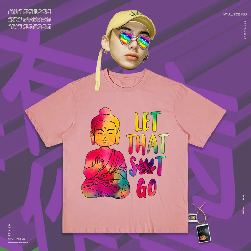 Ins, цветные, фруктовые, цветные, Sakyamuni A Buddism Godness, гуанинь Лотос, Oldschool, половинные, для влюбленных, Fund, футболка с короткими рукавами - Цвет: Pink