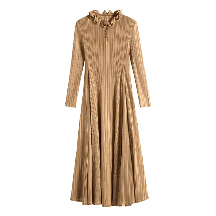 Khaki FREE SHIPPING Miyake fold Vintage Lace Collar Long Sleeve Dress with long sleeve A-Line dress IN STOCK - Color: Khaki