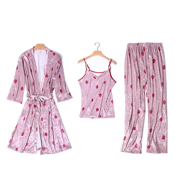 

Women Velvet Pajamas Set 3 Piece 2020 Autumn Winter Vintage Print Sleep Pants Sleepwear Pyjama Night Home Wear Nighties Lady