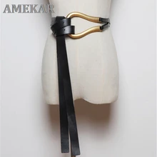 

Newest fashion soft faux leather belts personality big alloy buckle thin double layer waistbands shirt knotted belt long straps