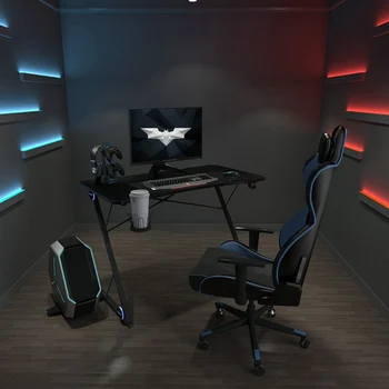 

Tempered Glass Carbon Steel Table Body Desk Laptop Table Z Letter Shape With LED Lights Gaming Table Simple Modern Style