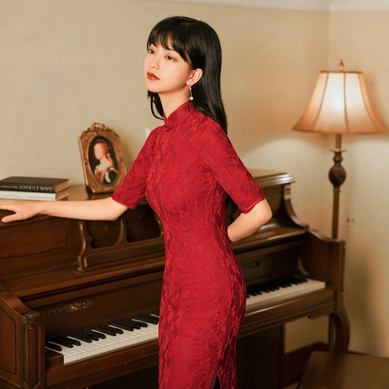 Красные вечерние платья Qipao кружевное платье-Ципао длинное модное ретро платье
