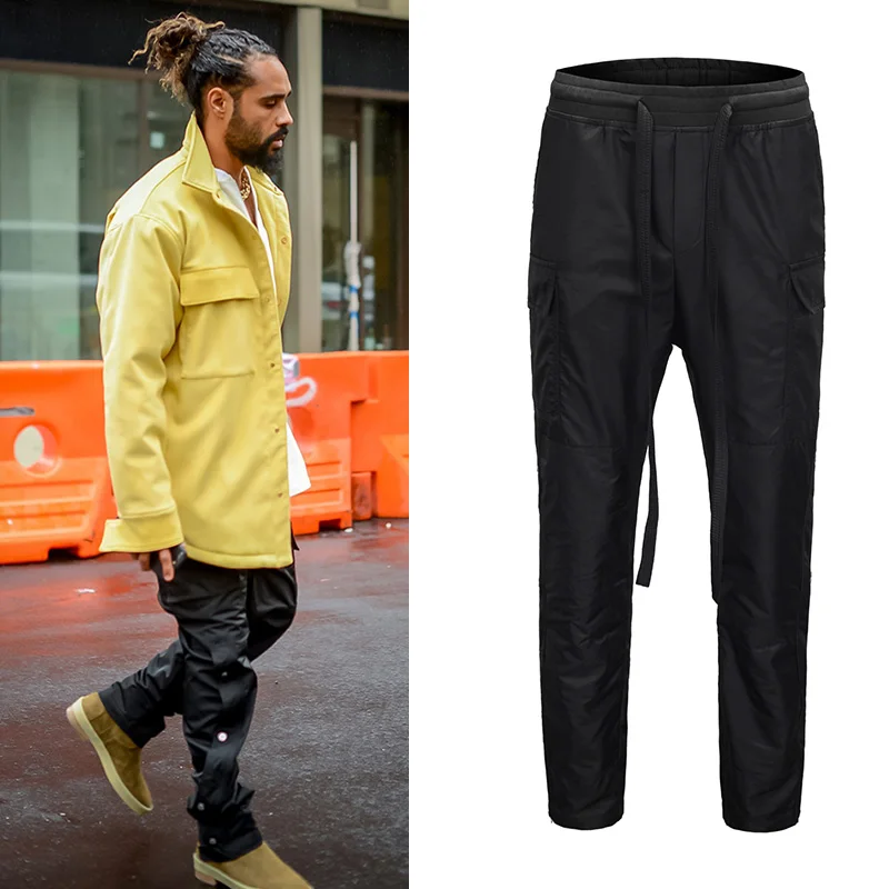 Большие размеры Kanye West джоггеры на липучке мужские брюки-карго Drawstring эластичная талия боковые кнопки повседневные брюки уличная Спортивные брюки