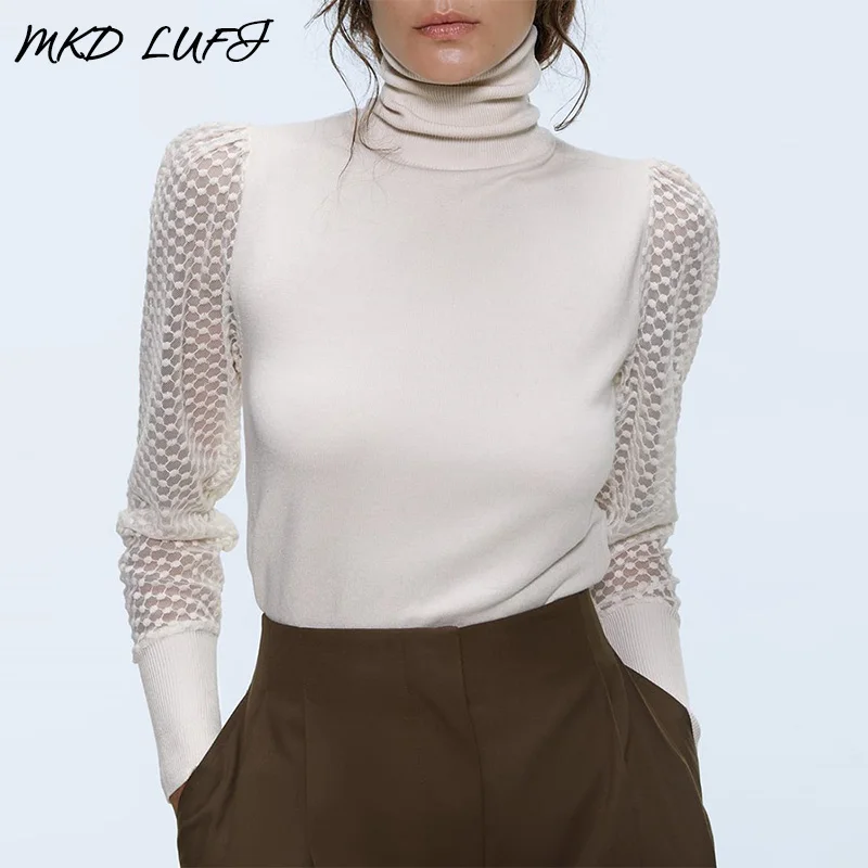 High Neck Long Sleeve Lace Insert Blouse Women Autumn Brief Casual Tops | Женская одежда