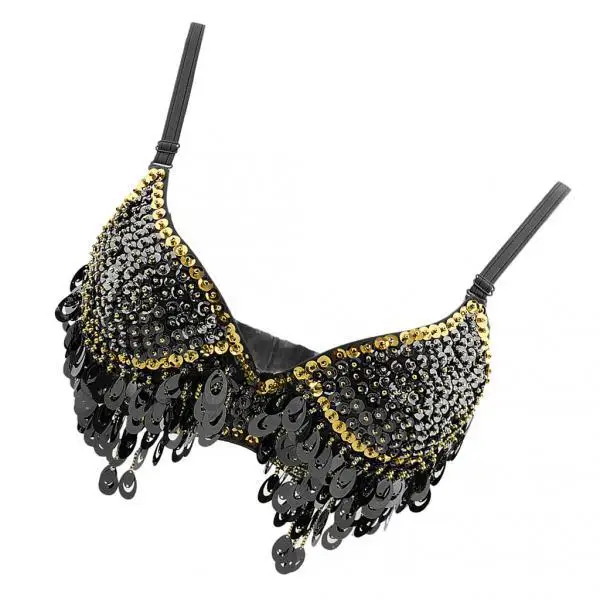 Belly Dance Beaded Bra Sequins Top  Dancing Singer Costume Tassels Black