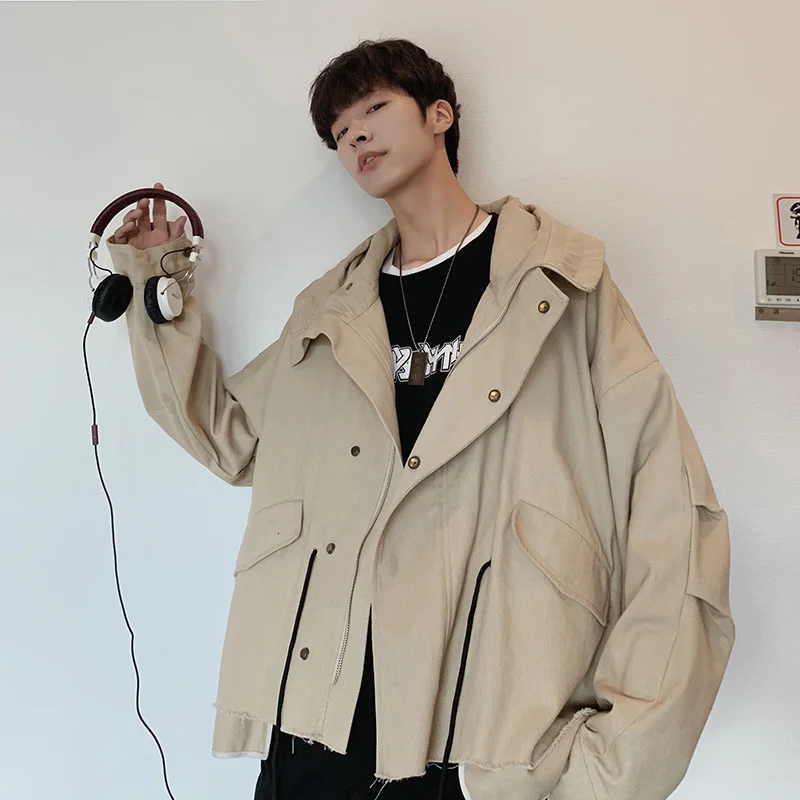 Осенняя новая куртка с карманами Мужская модная однотонная Повседневная куртка с капюшоном Мужская Уличная дикая хип-хоп Свободная куртка-бомбер M-2XL